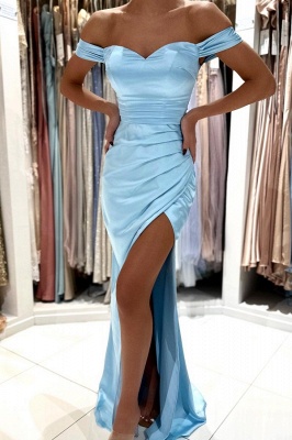 Trendy Blue Sweetheart Off the Shoulder Front Split A-Line Prom Dress_1