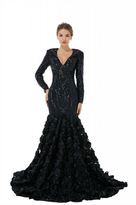 Charming Black V-neck Long Sleeves Lace Prom Dress_1
