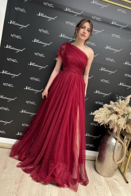 Charming Red Gilding One Shoulder Asymmetrical Floor Length A-Line Prom Dress_1