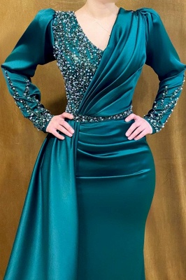 Deluxe Green V-Neck Long Sleeves Beading Floor Length Prom Dress_2