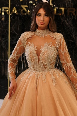 Deluxe Ivory High Collar Long Sleeves Tulle Ball Gown Prom Dress with Ruffles_2