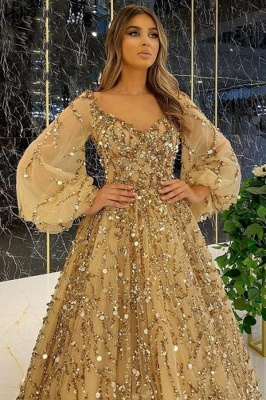 Exquisite Yellow Beading V-Neck Floor Length Long Sleeves A-Line Prom Dress_2