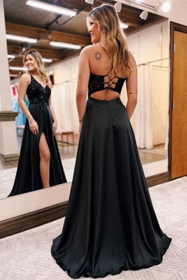 Charming Black V-neck Straps A-Line Stretch Satin Prom Dress_5