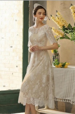 Exquisite Half Sleeves Lace Tea Length Jewel Sheath Wedding Dress_1