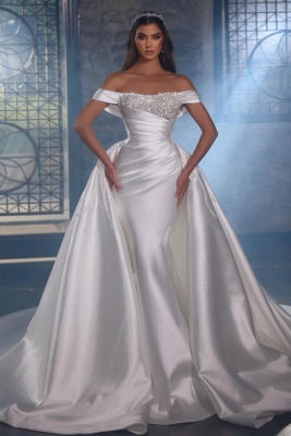 Shiny white off the shoulder mermaid wedding dress with overskirt_1