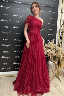 Charming Red Gilding One Shoulder Asymmetrical Floor Length A-Line Prom Dress_3