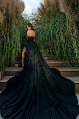 Gorgeous Black Long Sleeves Floor Length Strapless Front Split Chiffon Prom Dress_2