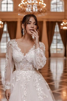 Charming V-neck Long Sleeves A-Line Chapel Train Wedding Dress with Appliques_2