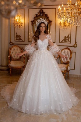 Charming Jewel Long Sleeves Appliques A-Line Tulle Wedding Dress_1