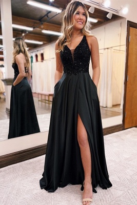 Charming Black V-neck Straps A-Line Stretch Satin Prom Dress_2