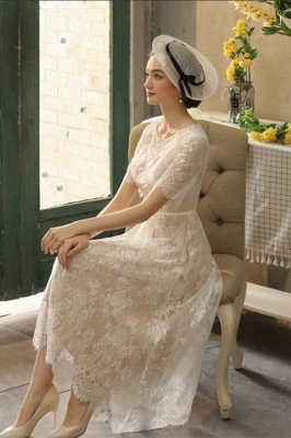 Exquisite Half Sleeves Lace Tea Length Jewel Sheath Wedding Dress_3