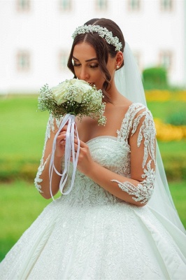 Elegant Garden A-line Sweetheart Long Sleeves Chapel Train Satin Wedding Dress_3