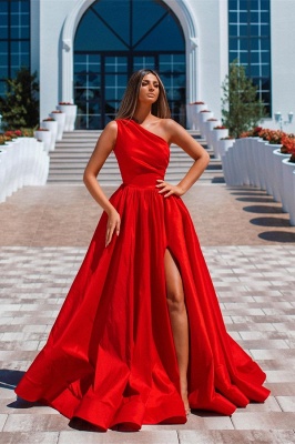 Gorgeous Red Asymmetrical One Shoulder A-Line Floor Length Stretch Satin Prom Dress with Ruffles_1
