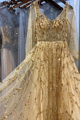 Exquisite Yellow Beading V-Neck Floor Length Long Sleeves A-Line Prom Dress_3