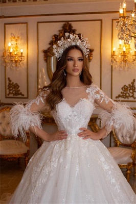 Charming Jewel Long Sleeves Appliques A-Line Tulle Wedding Dress_3