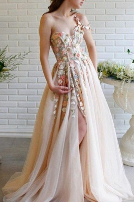 Exquisite Asymmetrical One Shoulder A-Line Floor Length Tulle Prom Dress with Ruffles_1
