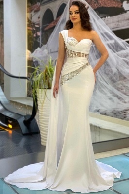 Chic White One Shoulder Sequins Mermaid Stretch Satin Prom Dress_1