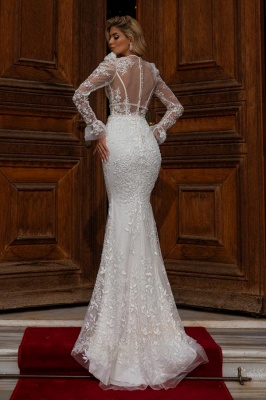 Charming v-neck A-line Mermaid Floor Length Lace Wedding Dress with Appliques_2