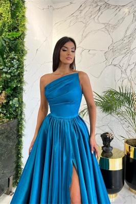 Fabulous Blue One Shoulder Asymmetrical A-Line Stretch Satin Prom Dress with Ruffles_2