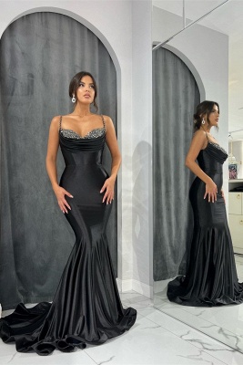 Elegant Black Spaghetti Straps Beading Floor Length Mermaid Prom Dress with Ruffles_1