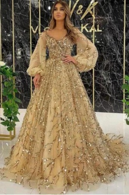 Exquisite Yellow Beading V-Neck Floor Length Long Sleeves A-Line Prom Dress_1