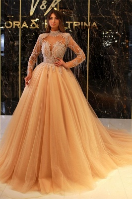 Deluxe Ivory High Collar Long Sleeves Tulle Ball Gown Prom Dress with Ruffles_1