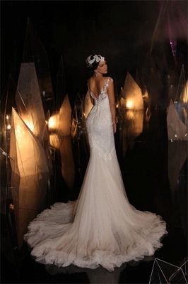 Charming V-Neck Mermaid Floor Length Sleeveless Tulle Wedding Dress_3