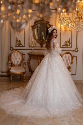 Charming Jewel Long Sleeves Appliques A-Line Tulle Wedding Dress_4