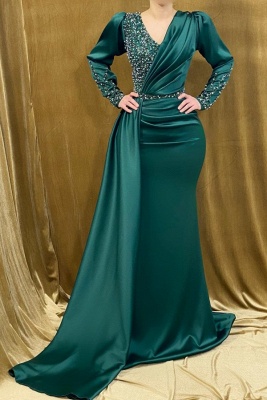 Deluxe Green V-Neck Long Sleeves Beading Floor Length Prom Dress
