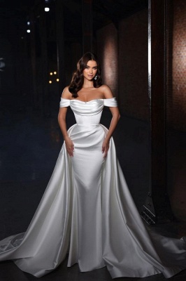 Fabulous Off the Shoulder Strapless A-Line Sleeveless Chapel Train Satin Wedding Dress with Ruffles_1
