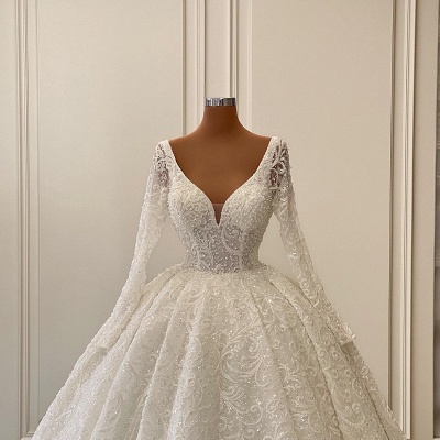 Charming V-neck Long Sleeves Floor Length Chapel Lace Wedding Dress_4
