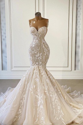 Charming Floor Length Sweetheart Sleeveless Mermaid Wedding Dress with Appliques_1