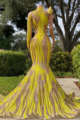 Chic Yellow High Neck Long Sleeves One Shoulder Mermaid Prom Dress_2