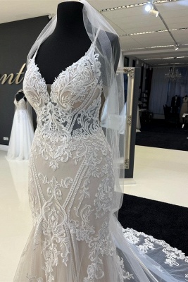 Charming Sweetheart Spaghetti Straps Garden Lace Wedding Dress with Chapel Train_2