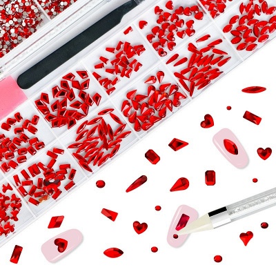 Molisaka Red Nail Rhinestones Set, Mix Sizes Flatback Crystals Nail Gems Stones, Multi Shapes Glass Red Rhinestones for Nails Art, with Wax Pen and Tweezers, Red Diamonds for Nails in the Storage Box_4
