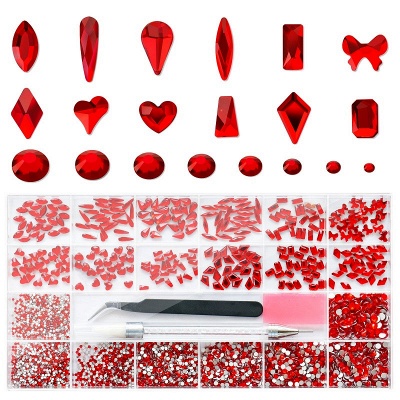 Molisaka Red Nail Rhinestones Set, Mix Sizes Flatback Crystals Nail Gems Stones, Multi Shapes Glass Red Rhinestones for Nails Art, with Wax Pen and Tweezers, Red Diamonds for Nails in the Storage Box_1