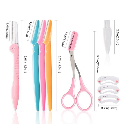 12 Pcs Eyebrow Razors, Exfoliating Eyebrow Trimmers, Eyebrow Grooming Shaper for Women Face, Peach Fuzz, Hair Removal, Professional Facial Dermaplaning Tool with Eyebrow Scissors/Eyebrow Stencils/Box_3