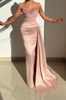 Elegant Strapless Sequined Floor Length Satin Prom Dress with Ruffles_1