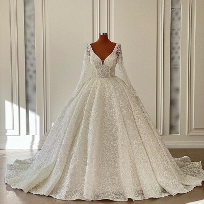 Charming V-neck Long Sleeves Floor Length Chapel Lace Wedding Dress_3