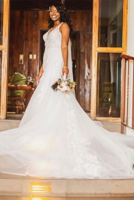 Elegant Sweetheart Straps Chapel Train A-Line Tulle Wedding Dress_5