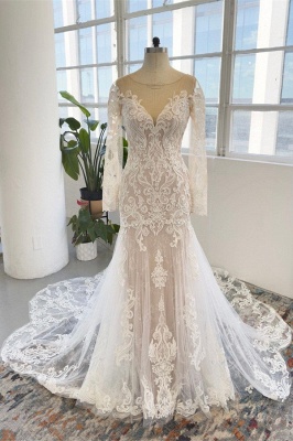 Charming Jewel Long Sleeves Chapel Mermaid Wedding Dress_1