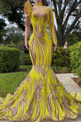 Chic Yellow High Neck Long Sleeves One Shoulder Mermaid Prom Dress_1