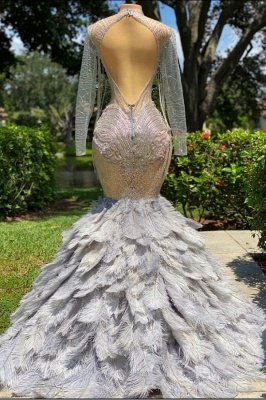 Fabulous Grey Sequined Beading Feather Mermaid Long Sleeves Lace Prom Dress_2