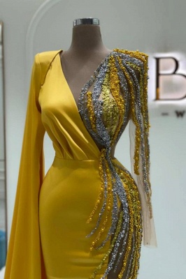Gorgeous Yellow Long Sleeves V-neck Stretch Satin Prom Dress_2