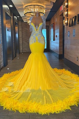 Charming Yellow Tassel Beading Prom Dress with Appliques_1