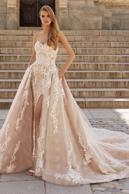 Elegant Champagne Sweetheart A-line Detachable Wedding Dress_1