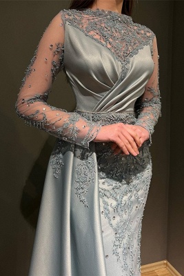 Gorgeous Grey Long Sleeves Jewel Mermaid Stretch Satin Prom Dress with Appliques_2