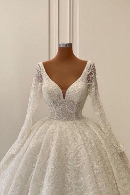 Charming V-neck Long Sleeves Floor Length Chapel Lace Wedding Dress_2