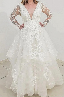 Romantic vneck longsleeves ballgown lace wedding dress_3