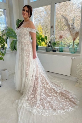 Champagne Garden Off the Shoulder Floor Length Wedding Dress_1